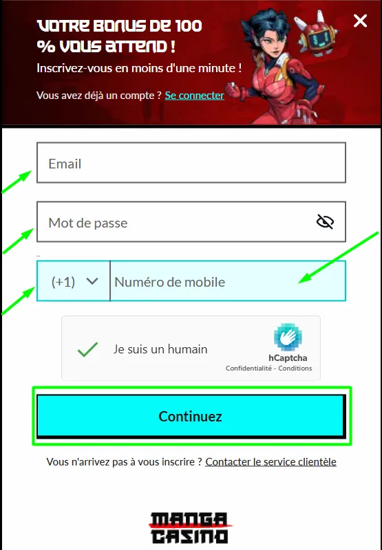 Formulaire d'inscription Manga Casino